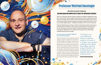 Double page spread from a book about scientists, featuring Professor Winfried Hensinger