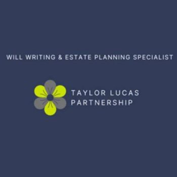 Navy blue backgroud, yellow and blue flower central with ' Will writing and estate planning specialist, Taylor Lucas Partnership' written above and to the right.