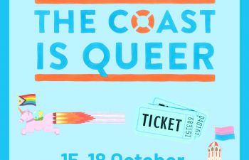 A blue square with The Coast is Queer written on and pictures of tickets