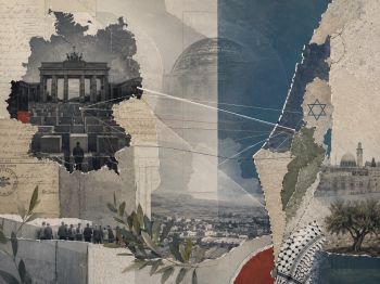 Collage cut out style combines imagery associated with Germany, Israel and Palestine, including the Brandenburg Tor, the Star of David, a keffiyeh and olive trees