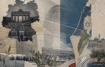 Collage cut out style combines imagery associated with Germany, Israel and Palestine, including the Brandenburg Tor, the Star of David, a keffiyeh and olive trees