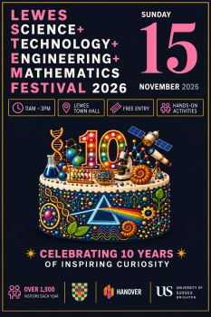 Lewes STEM Festival 2026 poster celebrating 10 years, featuring a colourful birthday cake decorated with science imagery including DNA, a microscope, telescope, planets, prism and a large number 10.