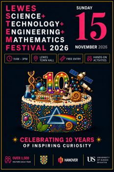 Lewes STEM Festival 2026 poster celebrating 10 years, featuring a colourful birthday cake decorated with science imagery including DNA, a microscope, telescope, planets, prism and a large number 10.