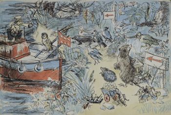 Preparatory sketch of animals by a riverbank, Irene Hawkins, 1947