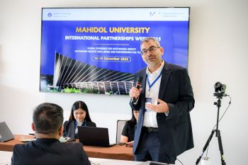 Pro-Vice-Chancellor for Global & Civic Engagement, Prof Robin Banerjee, speaking at Mahidol University