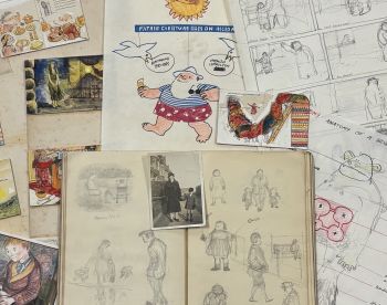 A montage of drawings by Raymond Briggs, including Father Christmas with an ice-cream, sketches of people on the street, and a photograph of Briggs as a child with his mother.