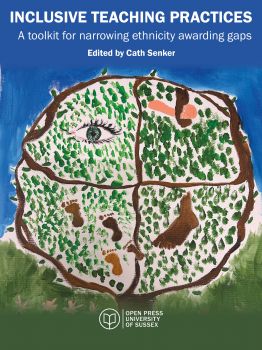Inclusive Teaching Practices book cover. A stylised tree, in quarter sections, with an eye, joined hands, footsteps and foot in each quarter.