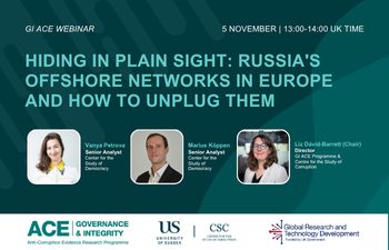 A rectangular promotional banner for a GI ACE webinar scheduled for 5 November, 13:00–14:00 UK time. The title reads “Hiding in Plain Sight: Russia’s Offshore Networks in Europe and How to Unplug Them.” Three speaker headshots appear side‑by‑side with the