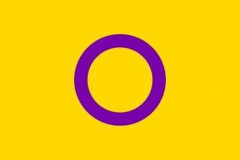 Image of the intersex flag - bright yellow background with a purple circle line in the middle