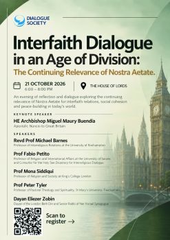 A promo poster for the event 'Interfaith Dialogue' in the House of Lords, including details of all speakers.