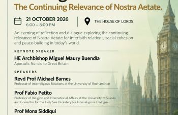 A promo poster for the event 'Interfaith Dialogue' in the House of Lords, including details of all speakers.