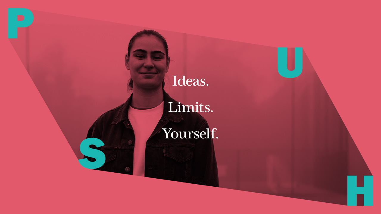 World champion powerlifter Poppy Joshi, behind the text 'Push ideas; Push limits; Push yourself'