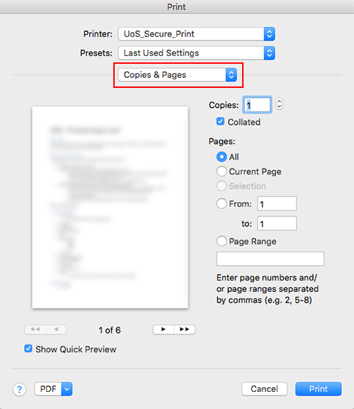 setting print options on a Mac