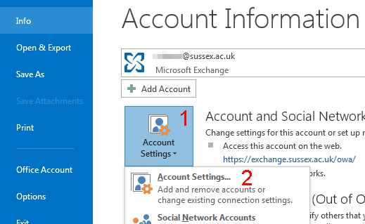 Outlook Account Settinge menu