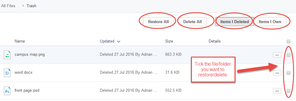 Restore/delete selection in box