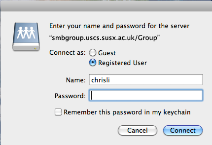 Enter your name and password for the server