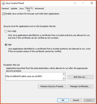 Java control panel