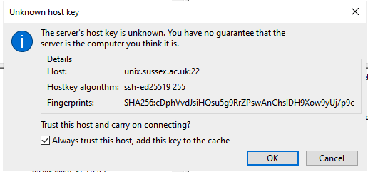 Unknown host key popup