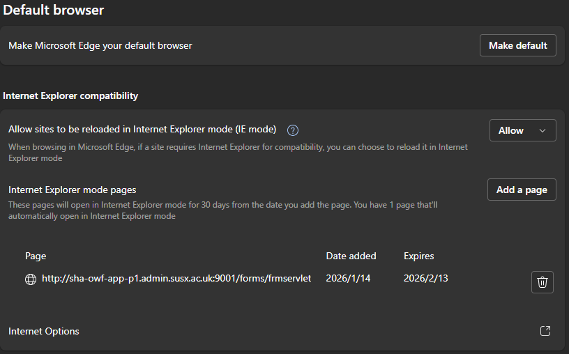 Internet compatibility screenshot