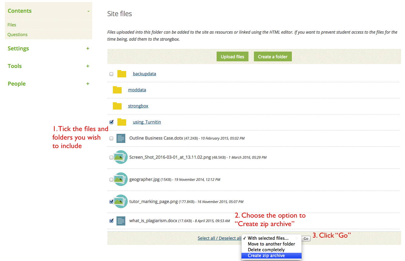Screenshot to explain how to create a zip archive in Study direct