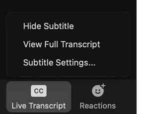 CC Live Transcript - selected from toolbar with options to hide subtitles, view full transcript, and subtitle settings