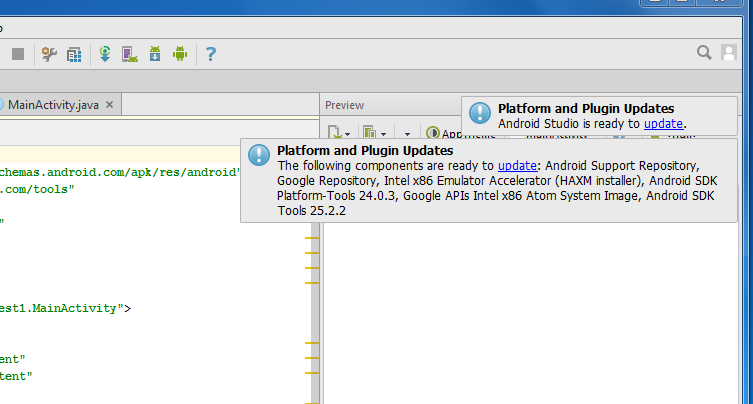 Android Studio update pop-up message