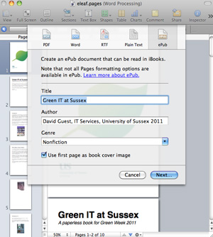 Screenshot showing the dialog box that appears when you export as ePub in Pages