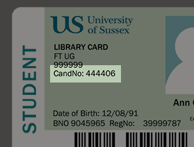 Mock-up of a student Library card showing the position of the candidate number