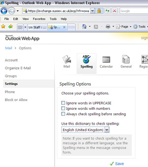 screenshot of the spelling settings page in OWA