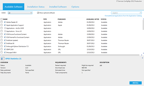 Pop-up window showing the list of software that can be installed