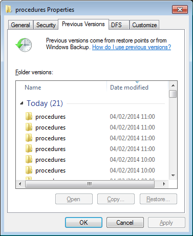 Properties window - Previous Versions tab