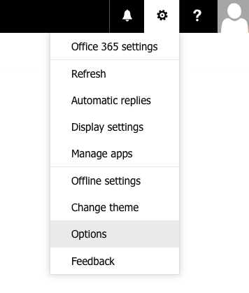 screenshot of the settings cog with Options selected
