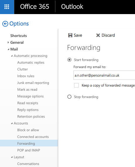 screenshot of the options page with the forwarding settings
