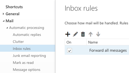 Screenshot showing the Inbox rules screen in Options