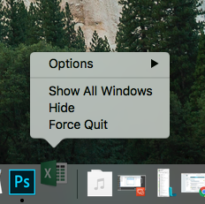 Screenshot showing the menu after ctrl+clicking on the icon and before choosing Force Quit