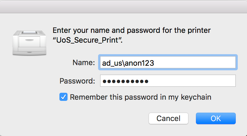 Enter username and password dialogue box