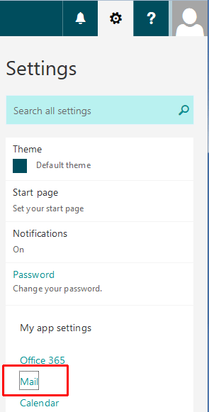 O365 Mail Settings menu