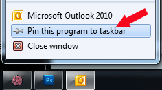 Pin Outlook icon to taskbar