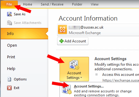 Outlook 2010 Account Settings menu