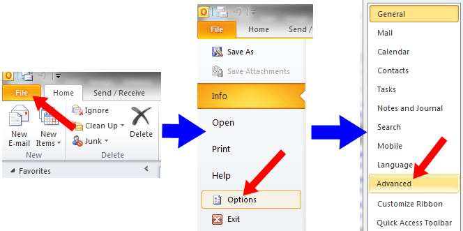Outlook 2010 File - Options - Advanced menus