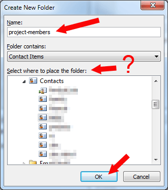 Outlook: new contacts folder name entry