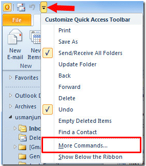 Outlook 2010 Quick Access Toolbar customizer