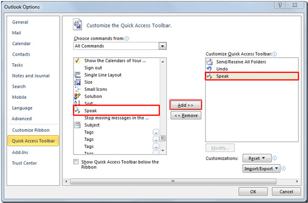 Outlook 2010 Speak command selection