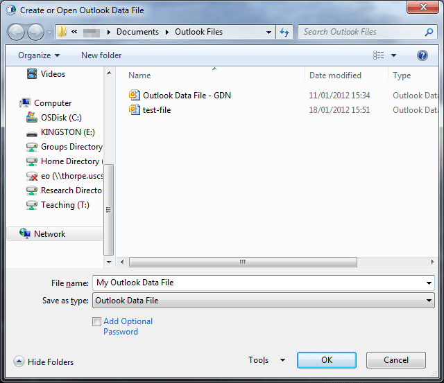 Outlook 2010 Set up Data Files file name