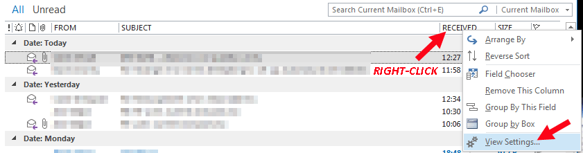 Outlook 2013 columns view settings