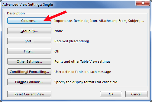 Outlook 2013 view settings columns button
