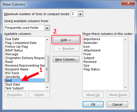 Outlook 2013 add Sent column