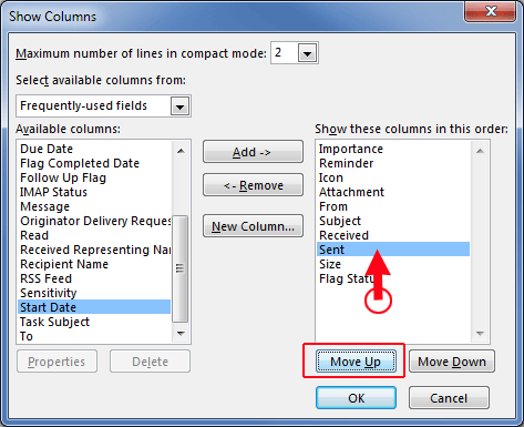 Outlook 2013 move Sent column