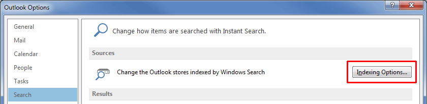 Outlook 2013 search index options