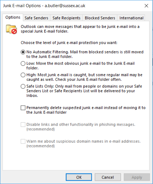 Junk email options in Outlook
